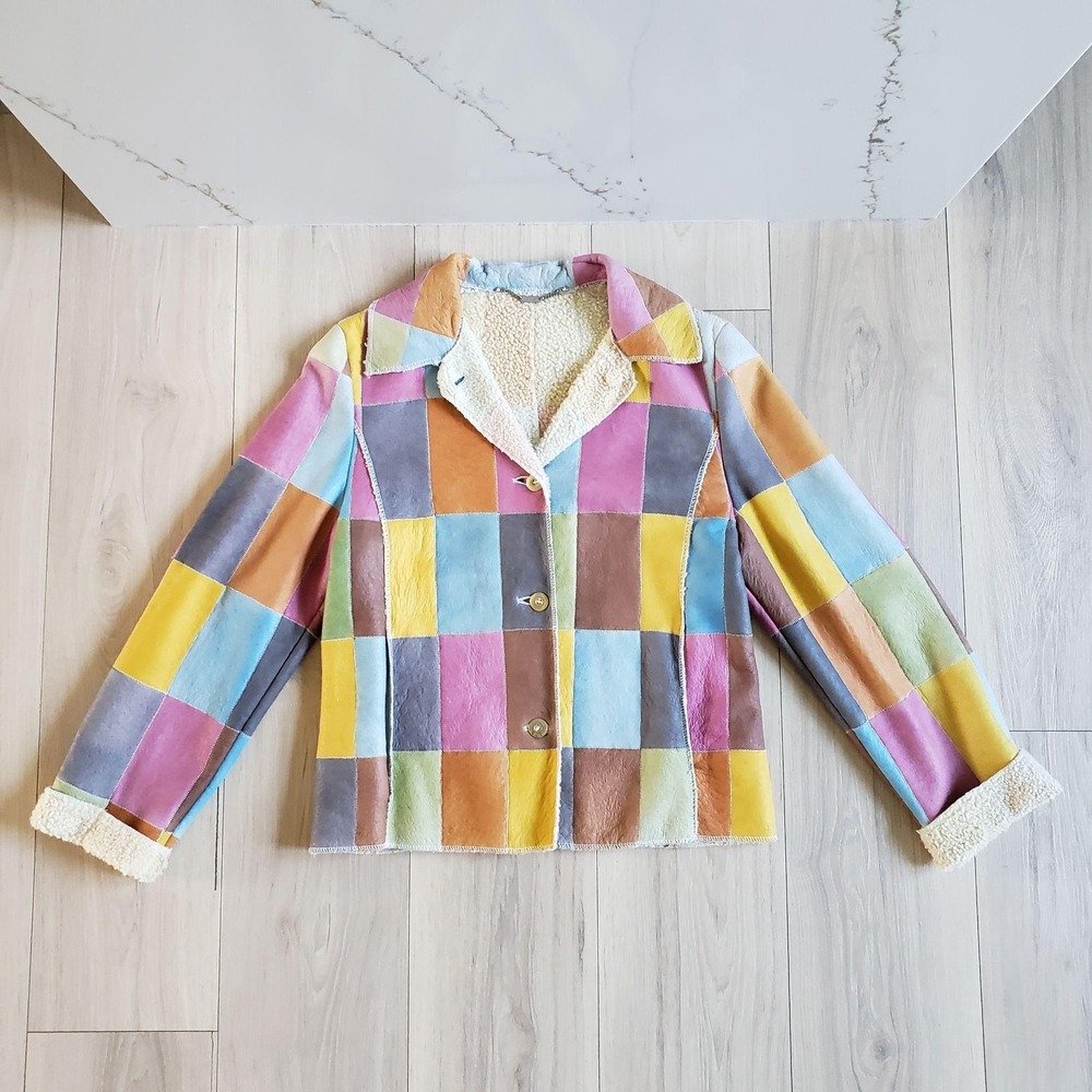 Kluger Furs Jacket Womens 36 Multicolor Suede Shearling Patchwork Colorblock